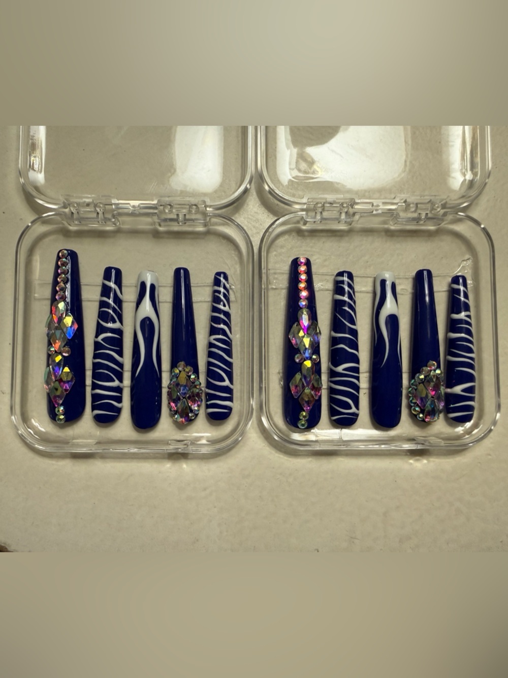 Blue and White Rhinestone Press-On Nails